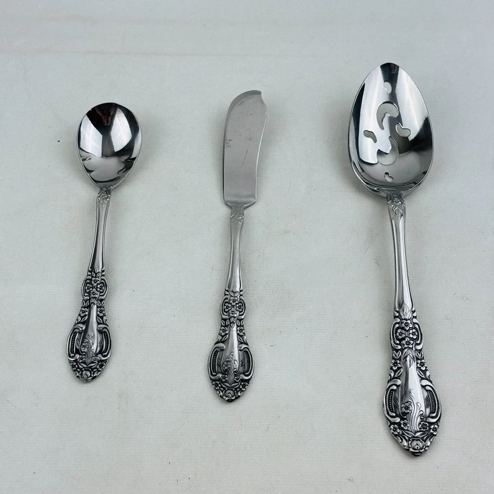 Vintage Springtime 3 Piece Set Pierced Serving‎ Spoon Butter Knife Sugar Shell